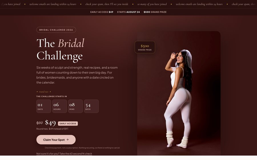 The Bridal Challenge page with a countdown and a Claim Your Spot button