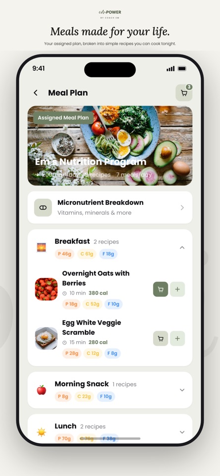 emPOWER meal plan screen