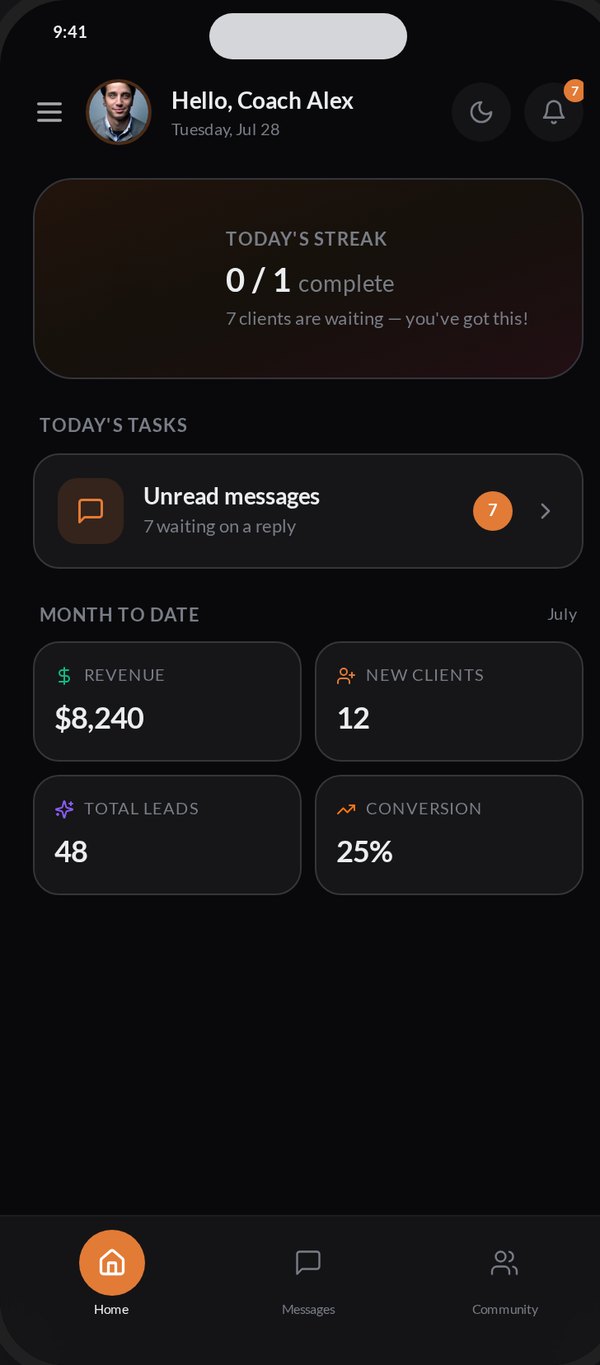 Coach app home with tasks and month to date numbers
