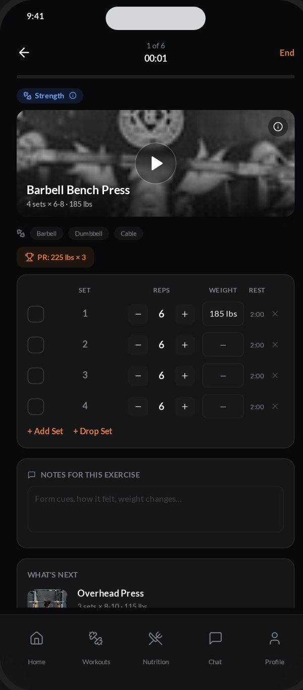 Client logging sets during a workout