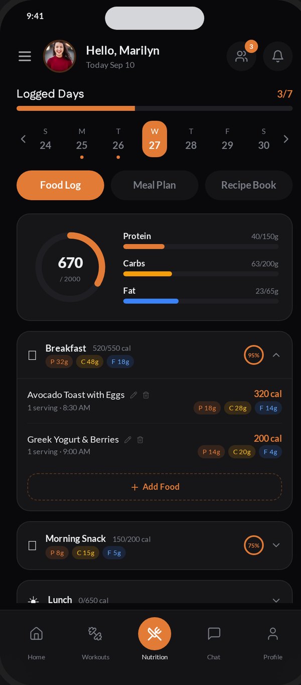 Client food log with macros