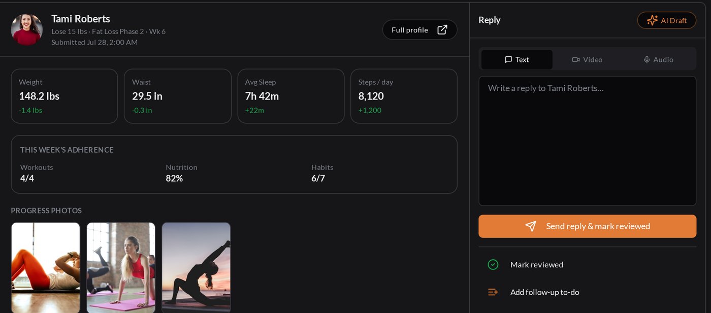 Check-in review with stats, photos and a reply box