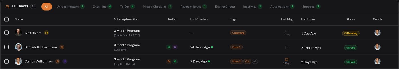 Client list with filters