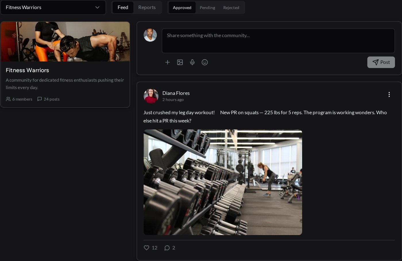 Community feed with Approved, Pending and Rejected tabs