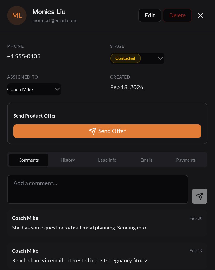 Lead details with a Send Offer button
